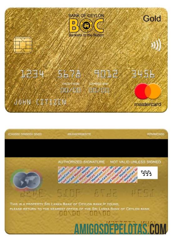 Sri Lanka Banco do Ceilão Banco Mastercard Gold exemplo real